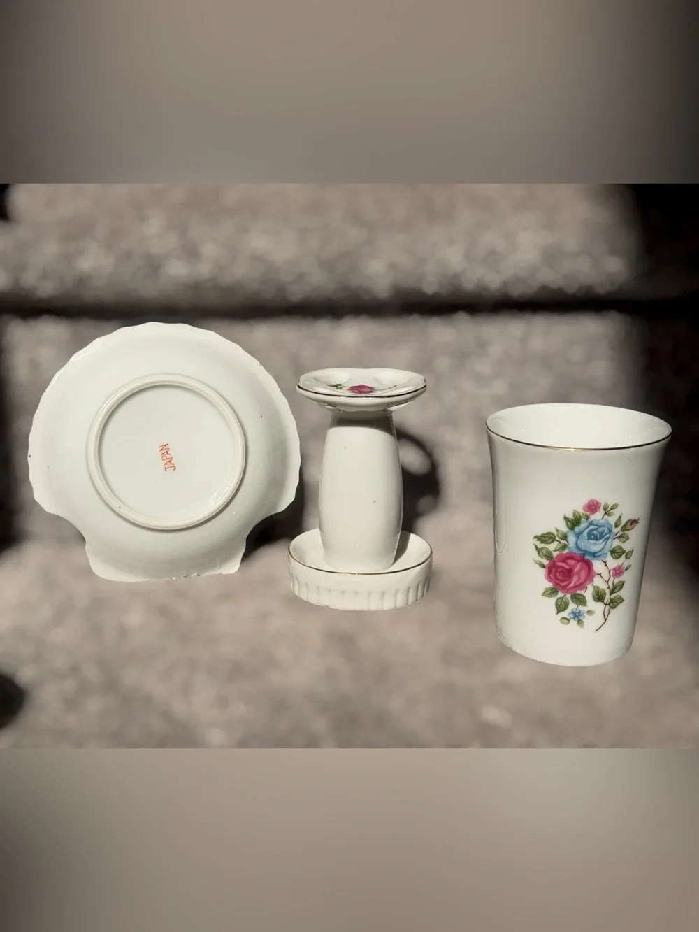Vintage 3 Piece Porcelain Rose Bathroom Vanity Set Grandmillennial Shabby Chic